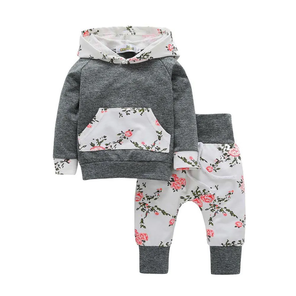 2PCS Children Baby Warm Kids Girl Floral Hoodie Tops Long Pants Clothes Suits