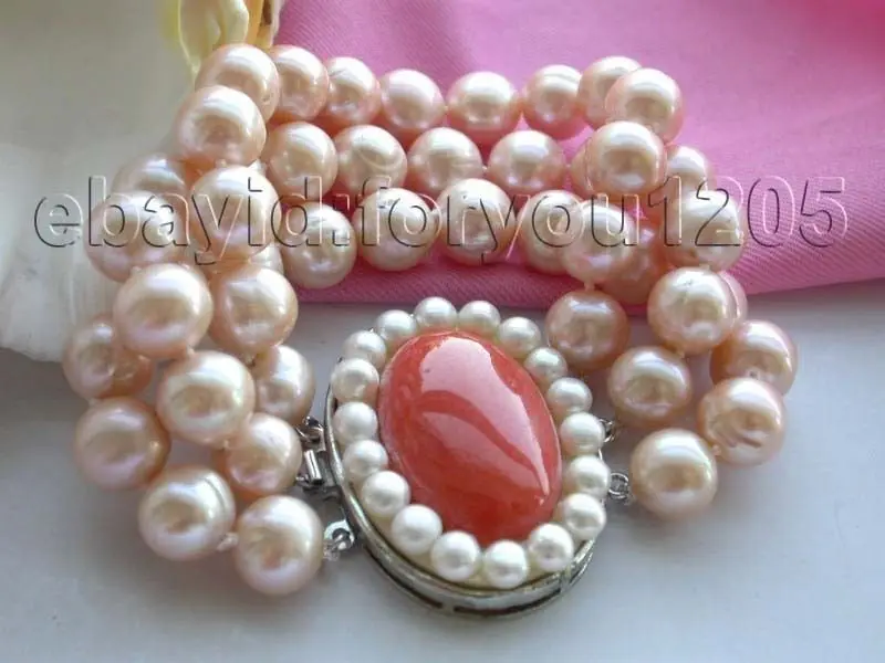 

>8" 3rows Genuine Natural 10-11mm Pink Round Pearl Bracelet!
