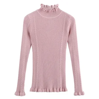 

Solid Knitted Sweater Women Winter Tops Pullover Ruffled Sleeve Turtleneck Sweater Red Pink Beige Black White Sweaters