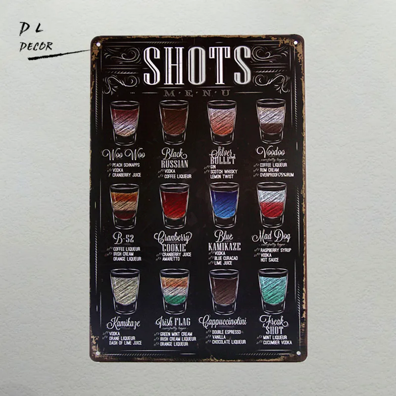 DL- SHOTS MENU LARGE METAL TIN SIGN POSTER RETRO STYLE WALL ART PUB BAR DECOR