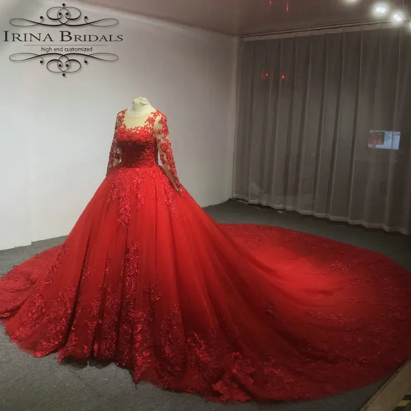 

Irina Bridals Real Photos High Quality Lace Appliques Luxury Red Wedding Dress 2019