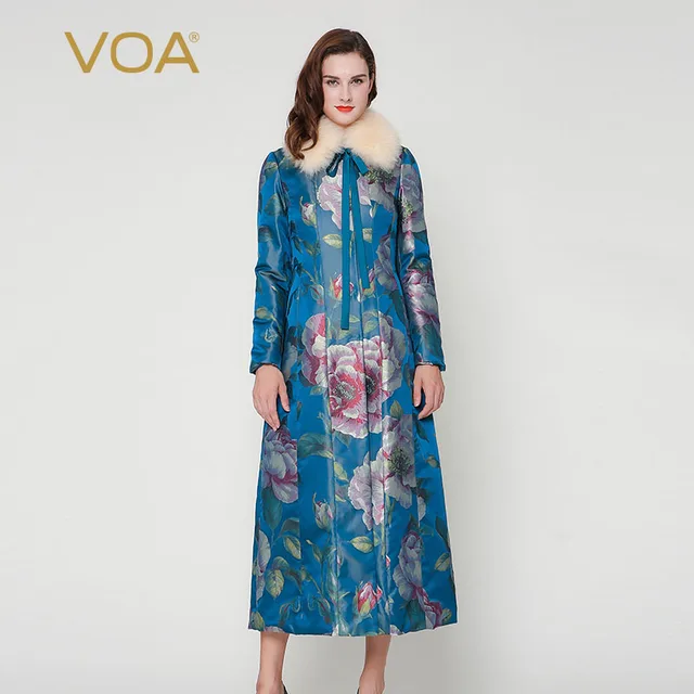 Cheap VOA blue safflower big fox fur collar long section cotton-padded jacket silk jacquard coat winter M7261