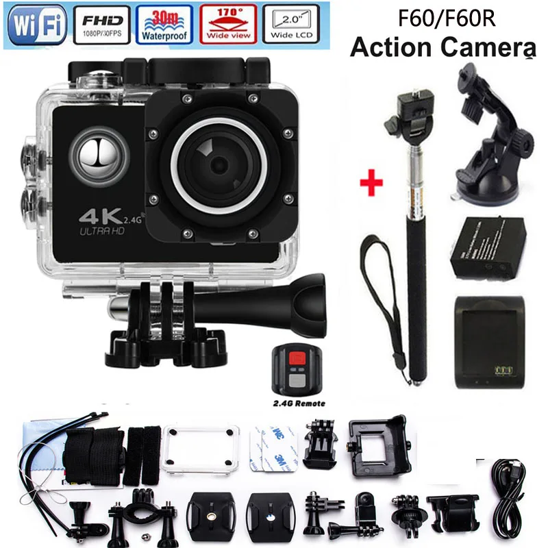  4K Wifi Action Camera F60 4K/30fps 1080P/60fps 720P/120fps 2.0" 170D Helmet Cam Mini Camera Waterproof Action Camera 