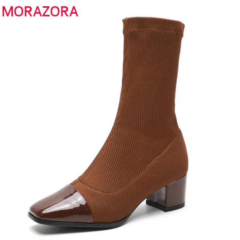 MORAZORA 2018 high quality patent leather ankle boots for women square toe Stretch socks boots high heels autumn shoes female цена MORAZORA 2018 high quality patent leather ankle boots for women square toe Stretch socks boots high heels autumn shoes female цены онлайн