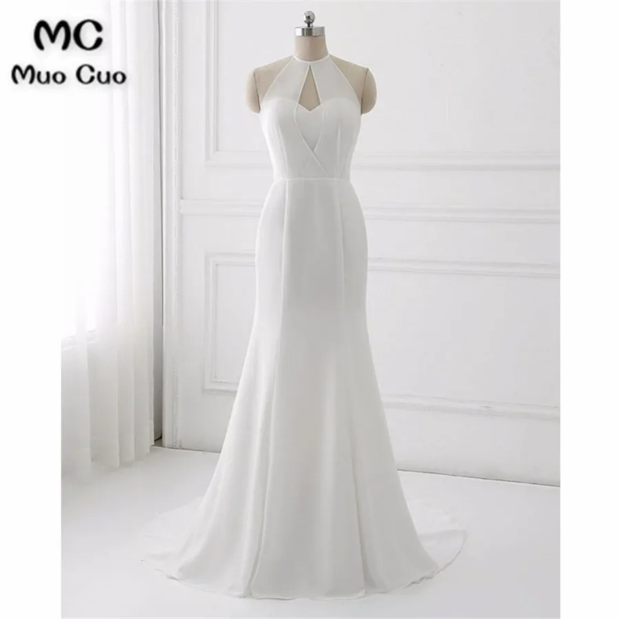 

2018 White Chiffon Halter Evening Dresses Long Floor Length Sweep Train Mermaid Formal Evening Party Dress