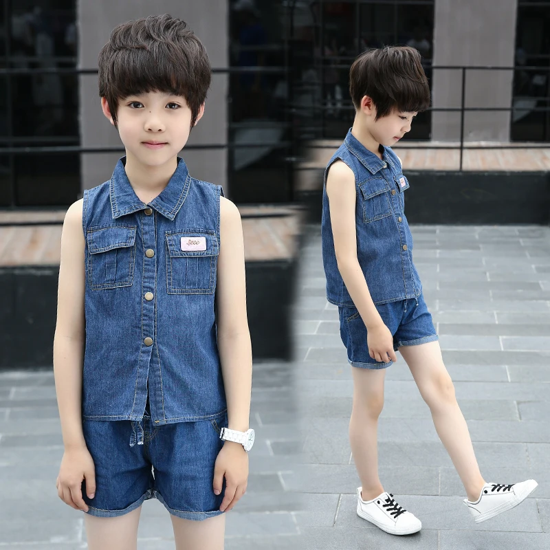 

Summer Big Boys Clothes Set Sleeveless Shirt + Shorts 2pcs Kids Denim Clothes Set Turn-down Collar Boys Suit