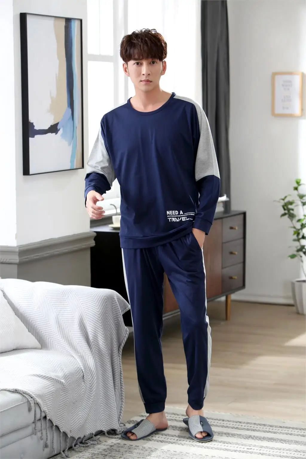 Yuzhenli Весна Для мужчин s Пижама Для мужчин пижамы хлопка Pijama Hombre мужские Пижамные наборы Домашняя одежда ночная рубашка+ брюки XXXL