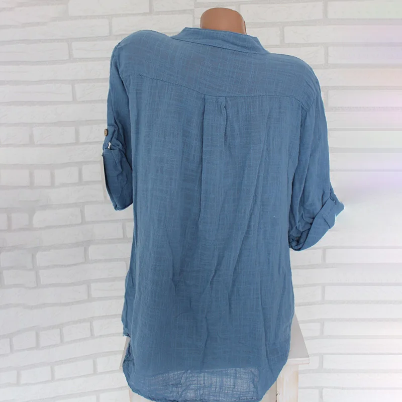 Womens Cotton Linen Stand Collar Shirt Blouse Plus Size 5XL White Solid Pocket Womens Shirts 2020 Spring Loose Blouses Female Womens Cotton Linen Stand Collar Shirt Blouse Plus Size 5XL White Solid Pocket Womens Shirts 2020 Spring Loose Blouses Female