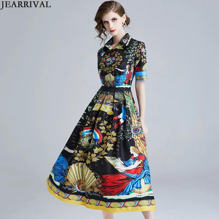JEARRIVAL 2019 New Women Sumemr Dress Runway Style Short Sleeve Fashion Slim A-Line Printed Vintage Vestido Robe Femme | Женская одежда