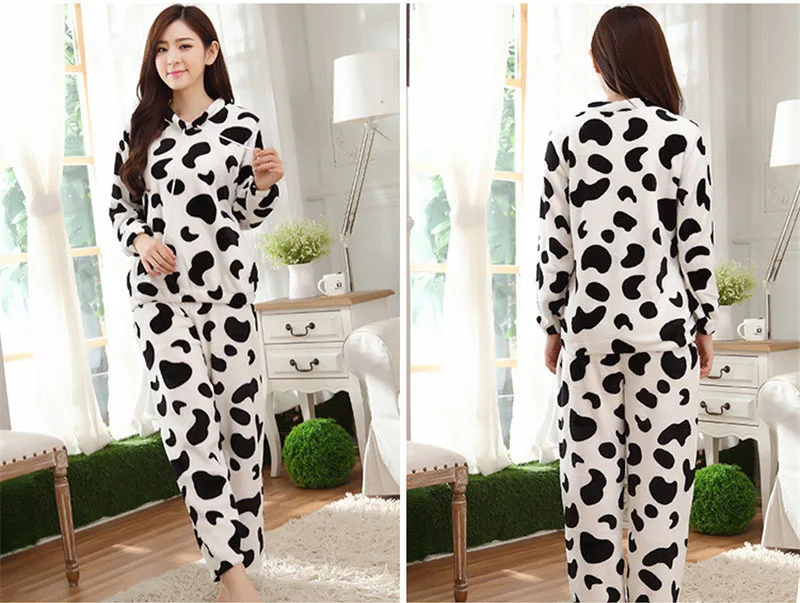 Осенне-зимние женские фланелевые пижамы с принтом коровы, милые теплые пижамы с длинными рукавами, комплект домашней одежды