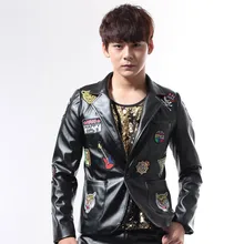 New arrivals fashion slim man singer costumes black and red pattern leather jacket outerwear stage wear performance male coat
