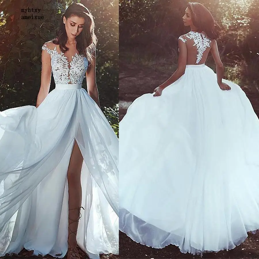 

Chiffon Jewel A-line Cheap Sexy Plus Size Wedding Dress 2019 Lace Appliques See Through Bodice Front Slit Bridal Dress Simple