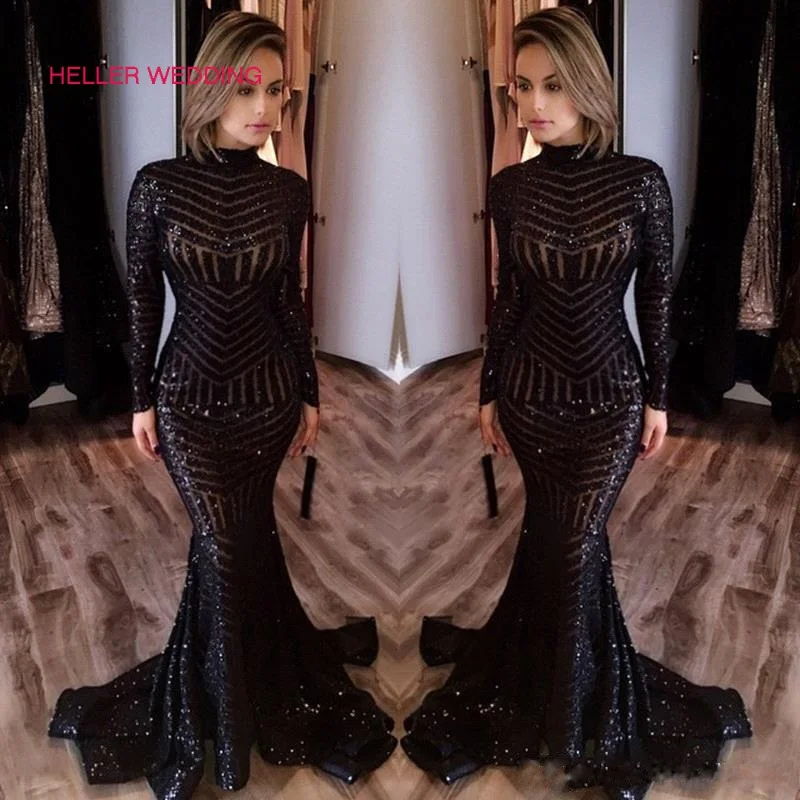 

Long Mermaid Black Prom Dresses Court Train O Neck Floor Length Sequin Long Sleeve Prom Dresses Robe De Bal Femme Longue