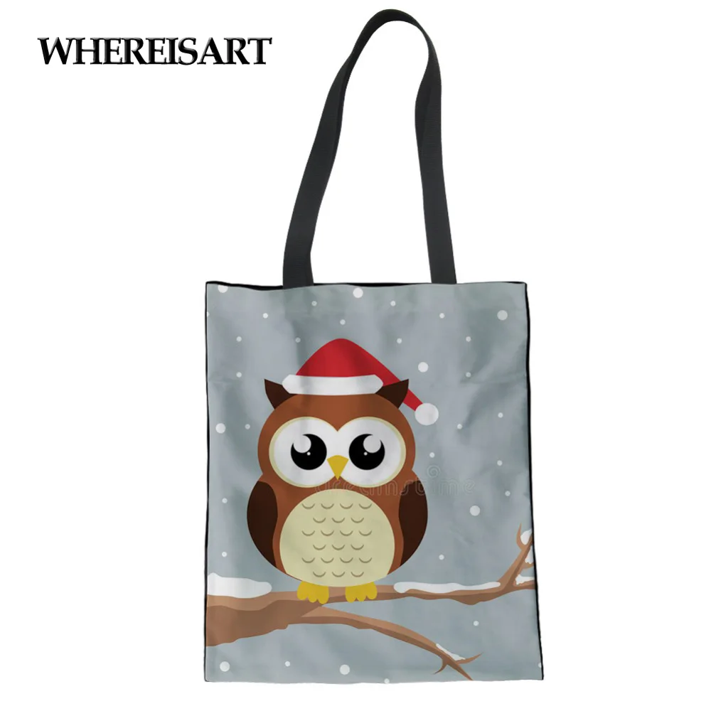 WHEREISART милая сова с рождественским принтом Большая вместительная Холщовая Сумка-тоут тканевая многоразовая сумка для покупок женские пляжные сумки