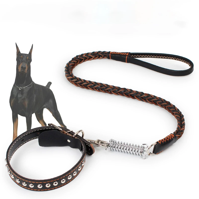 Kopen 2 Layer Deluxe Echt Lederen Hondenriem Studded Rivet Kraag Handgemaakte Gevlochten Leer Training Looplijnen Lood voor Grote Honden