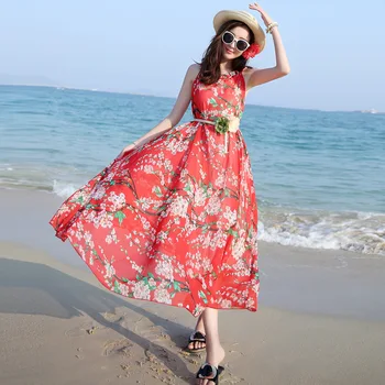 

Bohemia Chiffon Dress 2018 Summer Dresses Women O-neck Sleeveless Print A-line Sunglasses Women Beach Vestidos Mujer