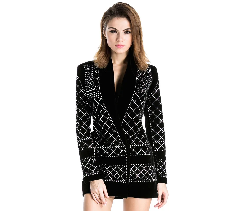 Женская модная черная куртка с блестками Bling, костюм женское элегантное винтажное пальто