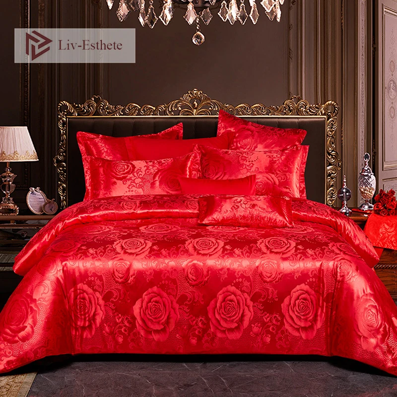 

Liv-Esthete Euro Jacquard Wedding Luxury Bedding Set Double Adult Bedspread Flat Sheet Decorative Bed Linen Set Home Textile