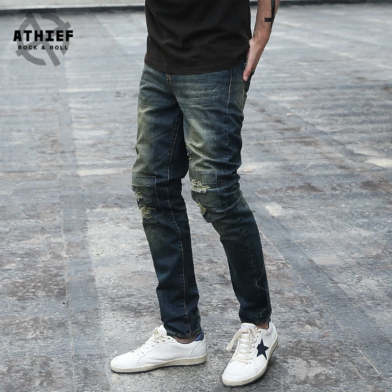 ATHIEF 2016 New Vintage Heavy Washed Denim Pencil Pants Men Ripped Holes Stitches Stretch Fabric Jeans