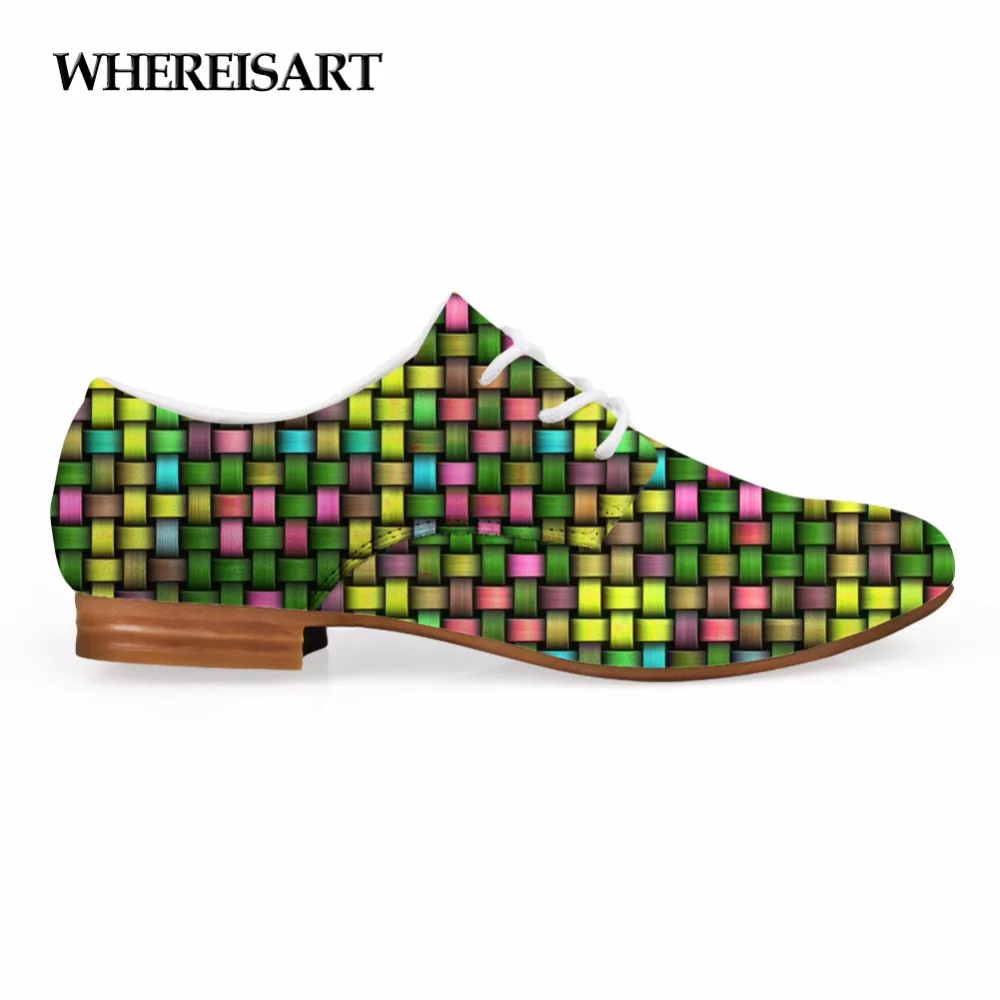 

WHEREISART 3D Newest Fashion Women Flat Shoes Oxford Small Grid Printed Lace Up Casual Leather Shoes For Female Flats Customized