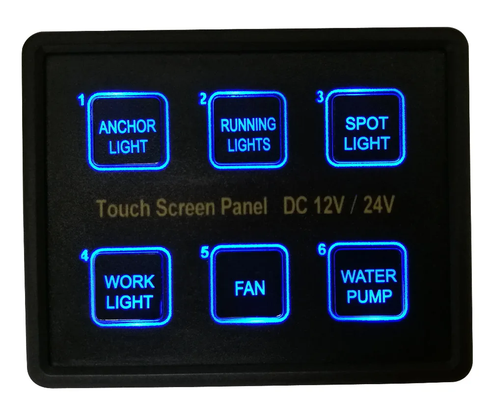 12V 24V 6Gang Blue LED Capacitive Touch Screen Control Switch Panel Box for Car Marine Boat