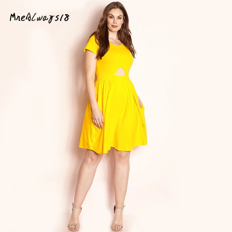 Mnealways18 Plus Size Yellow Hollow Out A line sundress 2018 Women