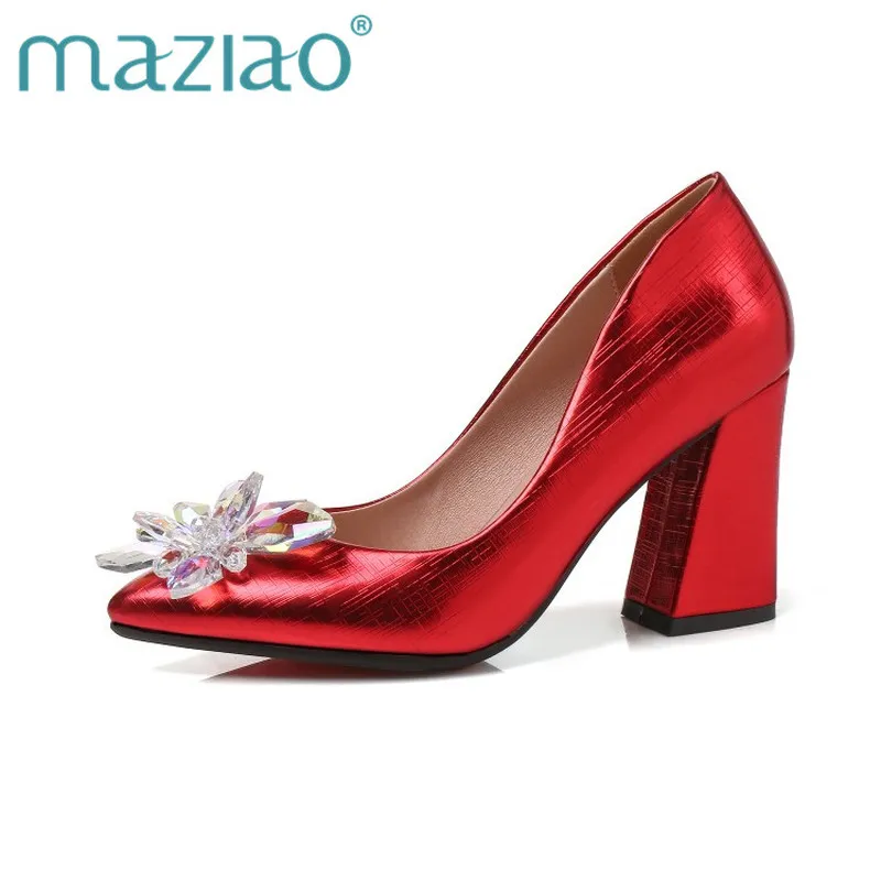

MAZIAO 2018 Women Pumps Pointed Toe Fashion Women Shoes Slip on Flower Square High Heel Casual Women Wedding Pumps Size 31-43