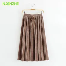 Женская одежда эластичный высокой талией на шнуровке плиссированные бархат юбка женская Мода High Street Тонкий Длинные юбки 3 вида цветов s2085