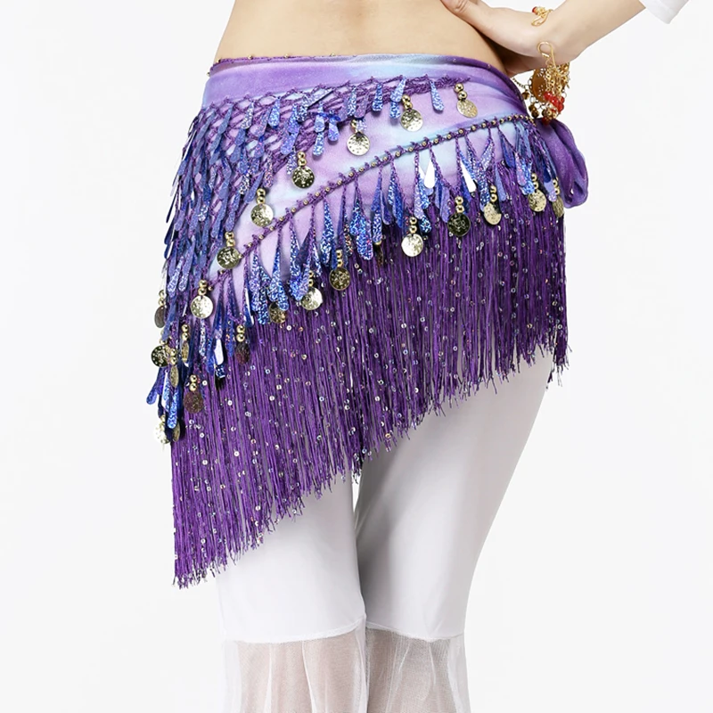 Women Belly Dance Clothing Accessories Teardrop Paillettes Fringe Wrap Elastic Base Tie-Dye Triangle Belts Coins Hip Scarf