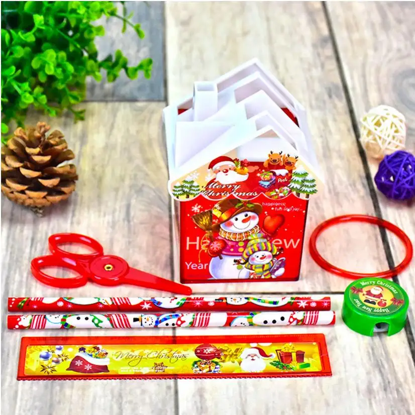 Coloffice Christmas stationery set Small house pen holder pencils sharpener safe scissors sets Christmas party gift for children