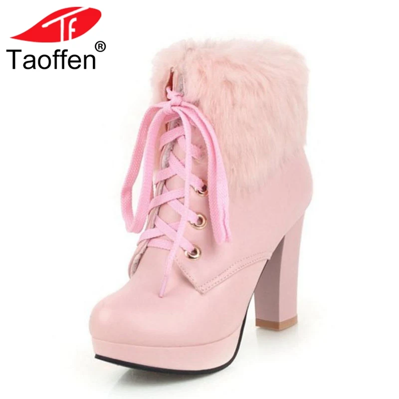 

Taoffen 4 Color Women High Heels Ankle Boots Winter Lace Up Keep Warm Shoes Women Plush Fur Boots Platform Footwear Size 35-43