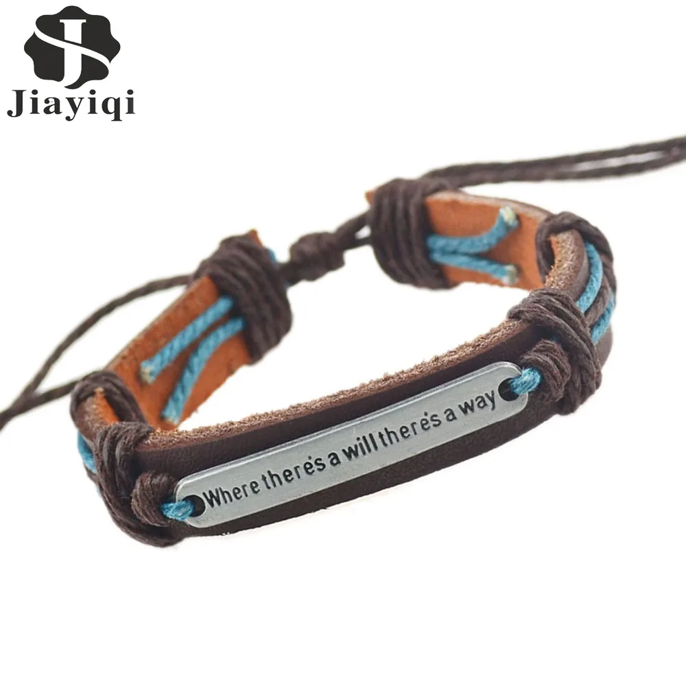 

Jiayiqi 2017 New Fashion English Word "Where there is a will there is a way" Leather Bracelets & Bangles for Women Men Jewelry