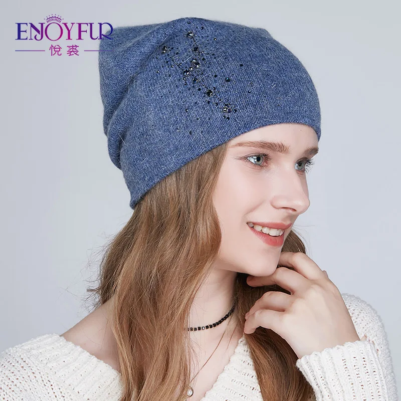 ENJOYFUR Wool Hat для зимние Для женщин мягкие теплые вязаные шапки для девочек двойной Слои женские шапочки Шапки - Цвет: 24