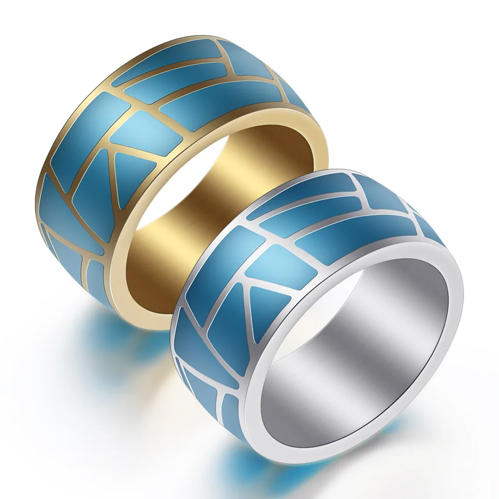 

9.6mm Width Size 7-12 Classic Silver Golden Enamel Blue Geometric Ring For Men Male Best Love Jewelry