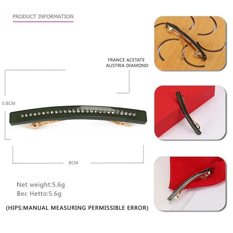 Заколка на клипсе, украшенная одной линией кристаллов, изогнутая прямоугольная Французская заколка для волос из ацетата целлюлозы NG030 - Цвет: dark green
