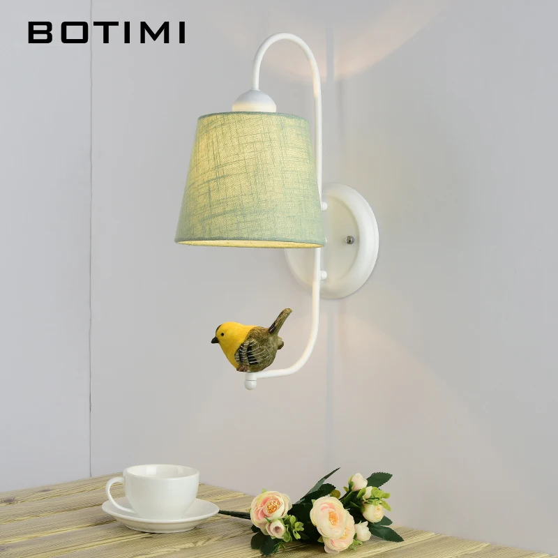 Billige BOTIMI Stoff Lampenschirm Wand Lampe Mit Vogel Moderne Tuch Schatten Wand Montiert Nacht Licht Eisen Wand Leuchte Zimmer Lichter