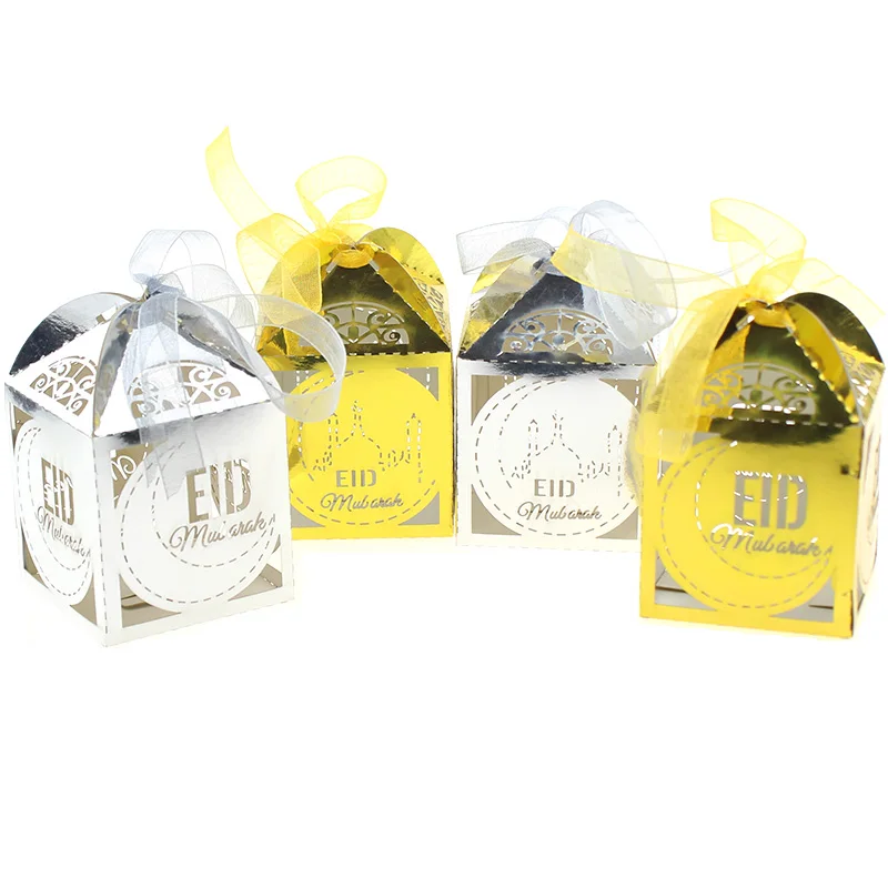 100PCS Laser Cut Happy Eid Mubarak Candy Box Gold/Sliver Hajj Mabrour Paper Gift Boxes Ramadan Kareem Party | Дом и сад