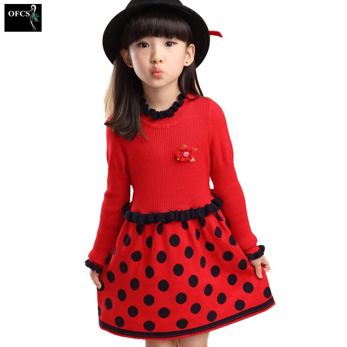 

2017 Selling new girls dress, children autumn and winter long-sleeved round neck knit dot dress warm, red, rosy red, Navy blue