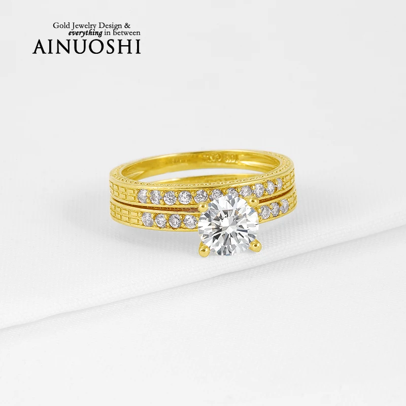 Hot Selling 1 Carat Wedding Band Round Cut Sona Simulated Diamond Ring Sets 10K Solid Yellow Gold Bague for Women Engagement
