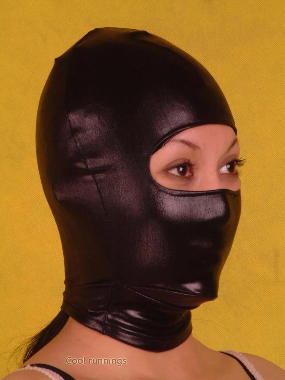 Kid Adult Black Metallic Open Big Eyes Zentai Costume Hood Mask