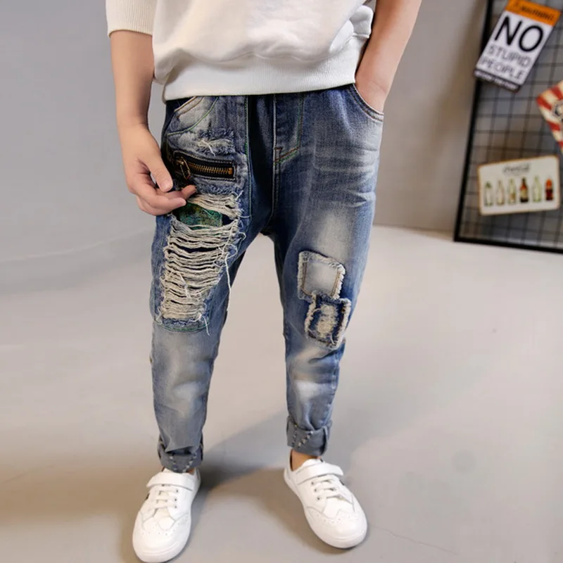 Boy hole jeans Spring children's fashion washed patch pants Kids spring ...
