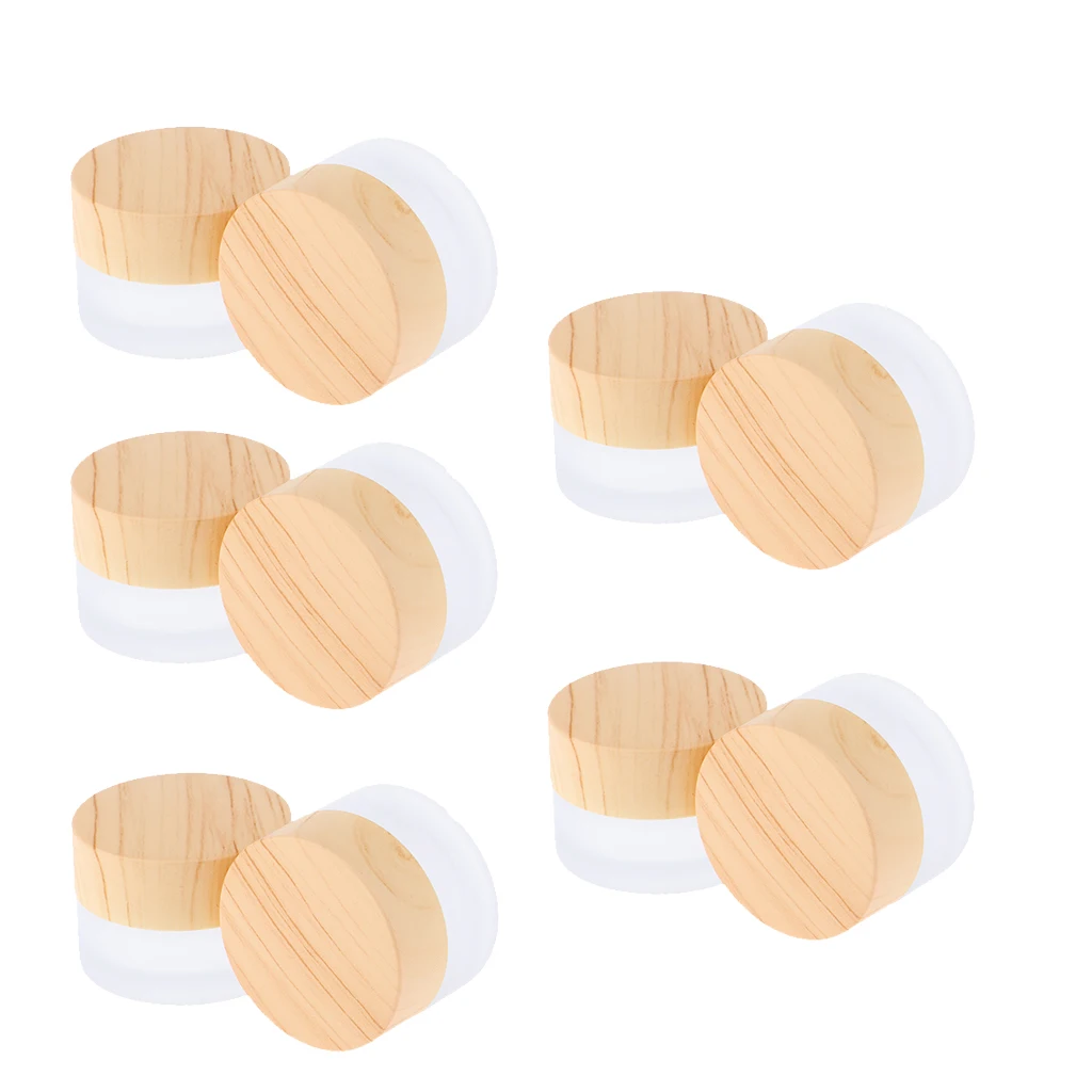 Set of 10, 5g Environmental Wood Texture Lids Frosted Glass Bottles Cream Jars Empty Cosmetic Comtainers w/ Inner Linners