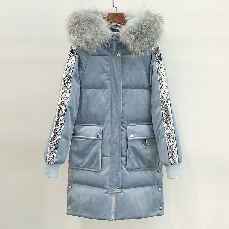 

Diwish Fur Collar Hooded Velvet Long Women's Down Jacket Sequins Decorated Casual Ladies Winter Coat Female Thick Warm Outwear