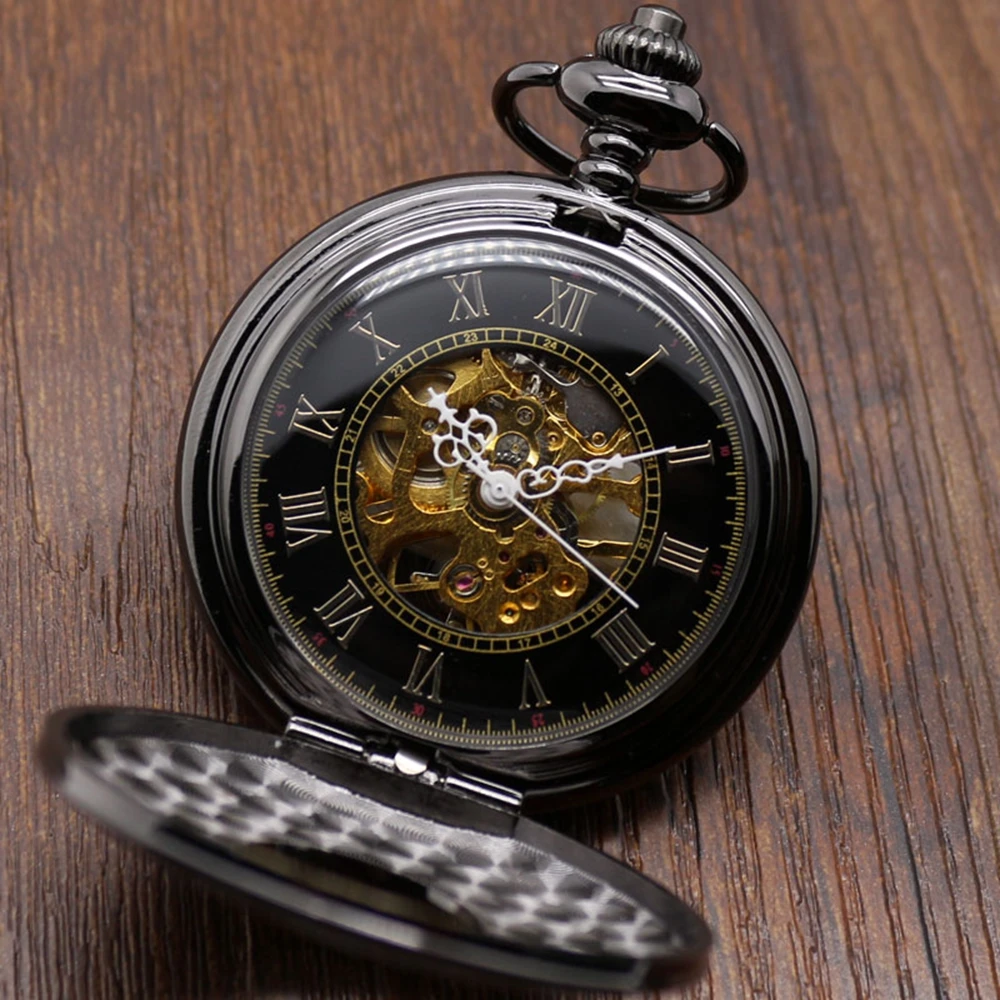 Luxury Hollow Caving Pocket Watch Set Vintage Black Full Hunter Design Mechanical Clock Necklace Pendant Clock Gift Bag Box (5)