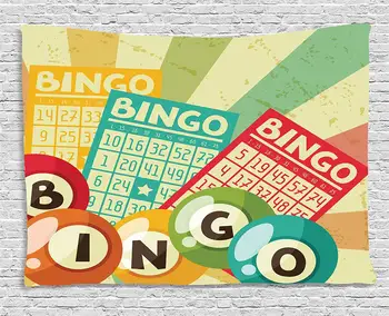 

Vintage Decor Tapestry Bingo Game with Ball and Cards Pop Art Stylized Lottery Hobby Celebration Theme Bedroom Living Room Dorm