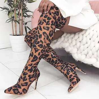 

2019 New Big Size Women Over the Knee Boots Leopard Stretch Fabric High Boots Pointed Toe Thin Heels Boots Shoes 11 cm Heel Boot