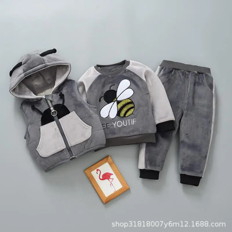 Baby Boys Girls Warm Set Winter Cartoon cat Kids Thickening Hooded Vest+Sweater+Pant Three-piece Sport Suits Children Clothing