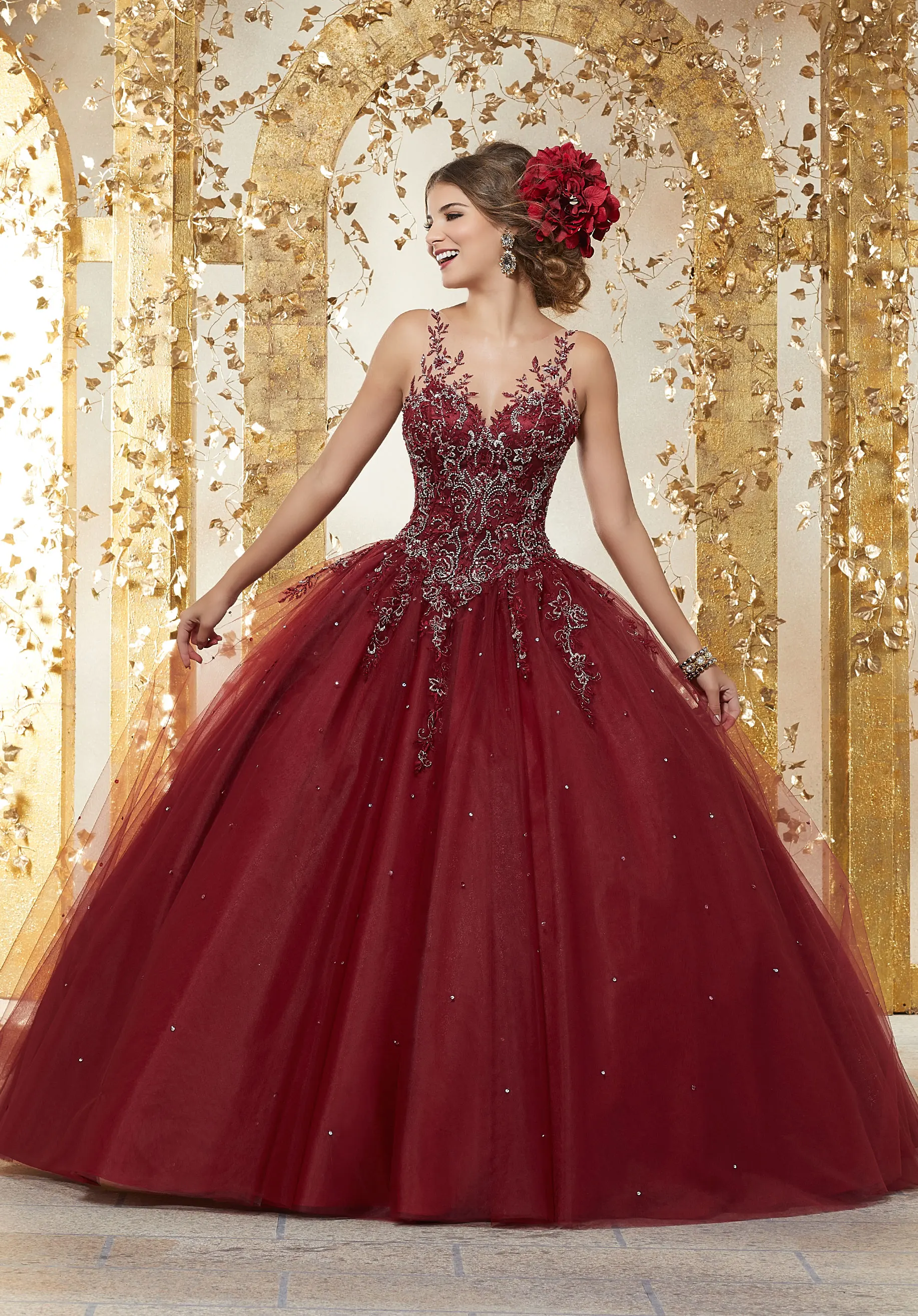 Red Quinceanera Dresses Beadings Crystal Tulle Dresses Debutante Sweetheart neck Vestidos De 15 Anos