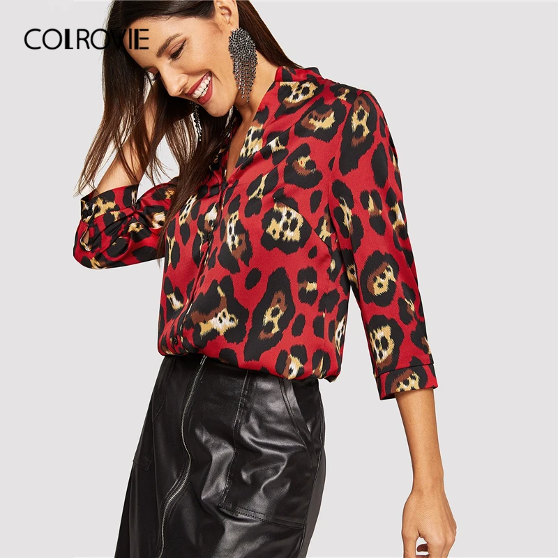 

COLROVIE Stand Collar Leopard Print Button Up Blouse Women 2019 Spring Korean Elegant Tops Office Ladies Fashion Vintage Shirts