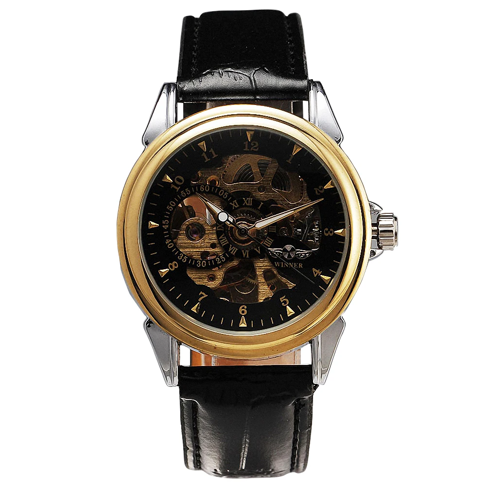 

T-WINNER Dress Men's Auto Mechanical Wrist Watch Golden Bezel Skeleton Dial Leather Strap Luminous Hands New Design + GIFT BOX